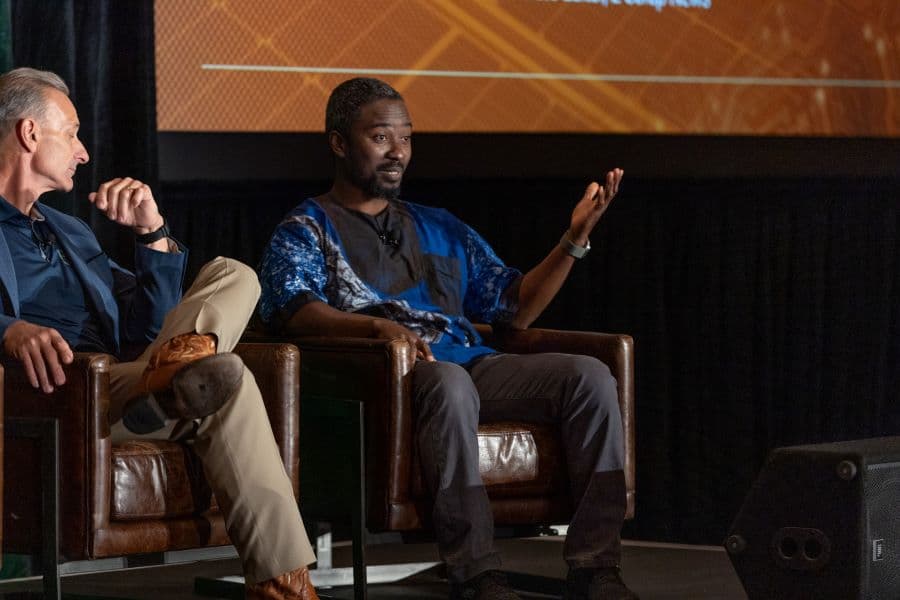 Emmanuel Nyaletey speaking on a Basel Convention panel at the 2024 E-Scrap Conference, Orlando — Big Wave Productions / Resource Recycling, Inc.
